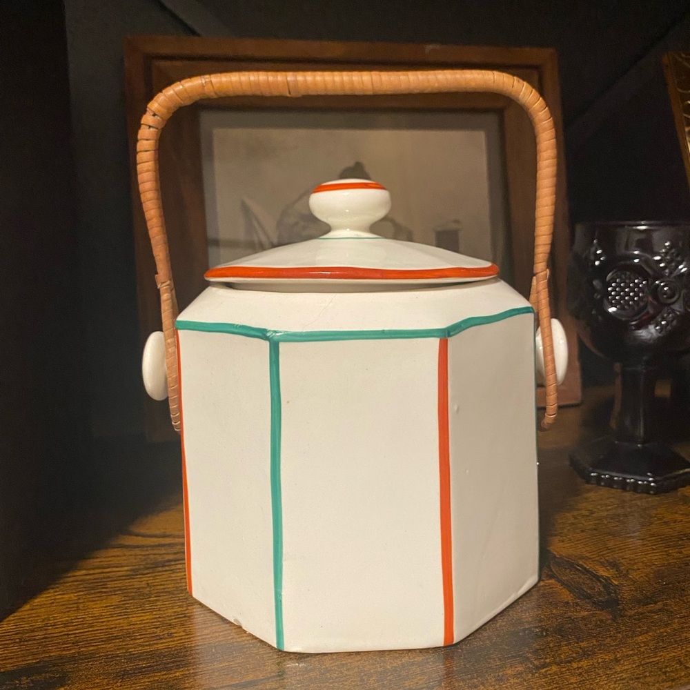 Hexagonal Ceramic Pot with Wicker Handle